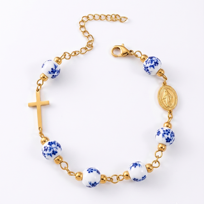 Ceramic Bead Cross Rosary Bracelet For Women, 18K Gold Plated Stainless Steel Miraculous Medal Virgin Mary Bracelet, Religious Faith Gift