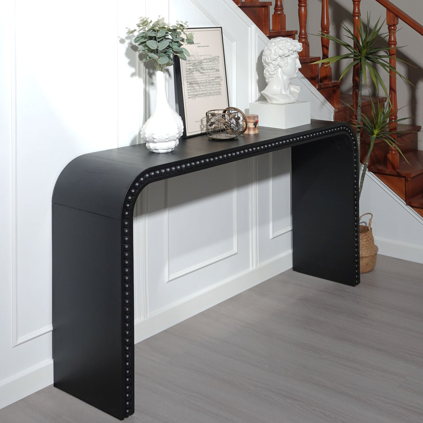 Black Wood Console Table, 59in Entryway Table, Curved Waterfall-style Table,Console Table With Wood Beads,Entrance Table For Entryway, Hallway, Living Room, Foyer, Corridor, Office