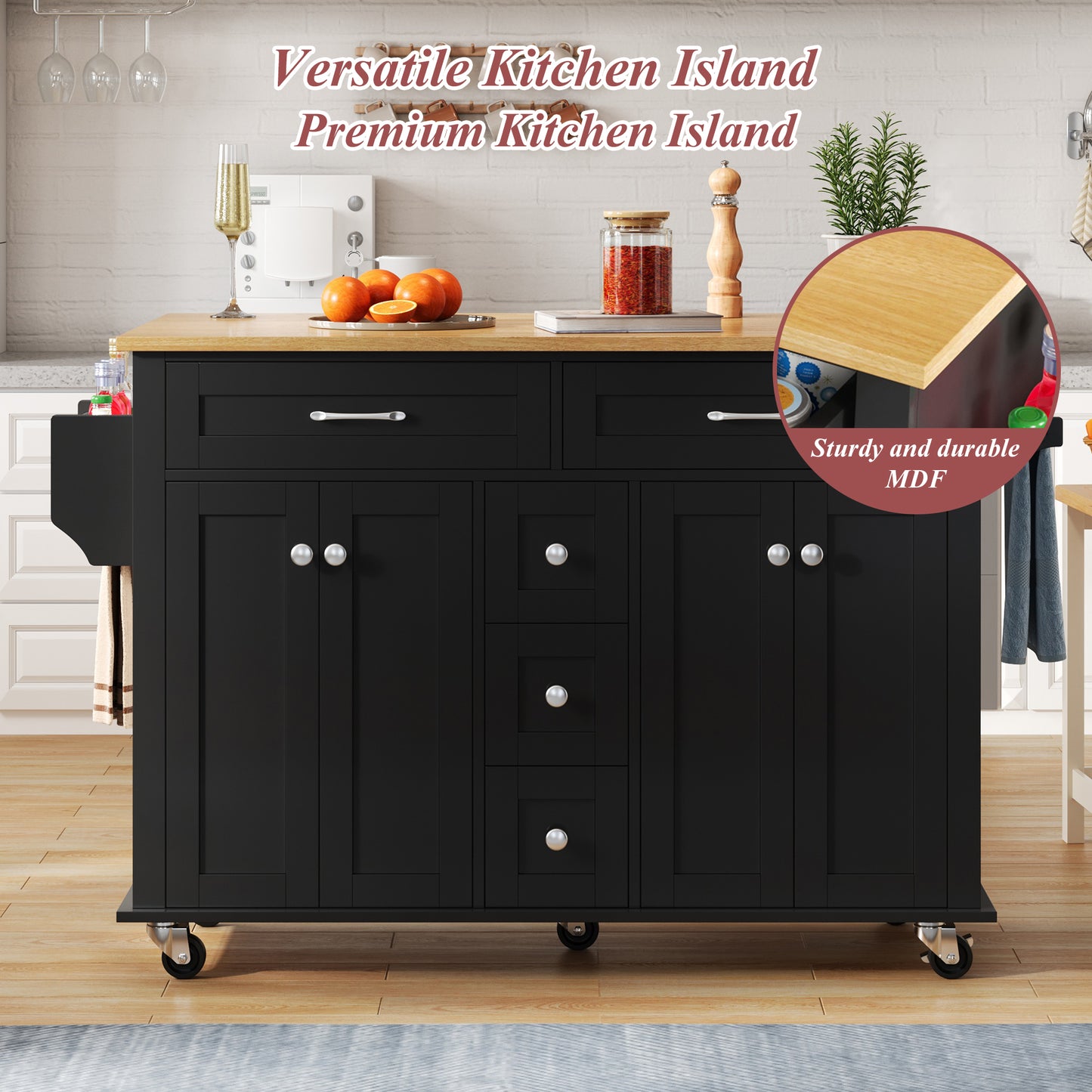 Kitchen Island On Wheels, Dropleaf  Trolley, Rolling Cart With Foldable Countertop,  5 Drawers, Spice & Towel Holders,lockable Wheels, For Kitchen, Dining Room & Living Room,120x65x89 Cm
