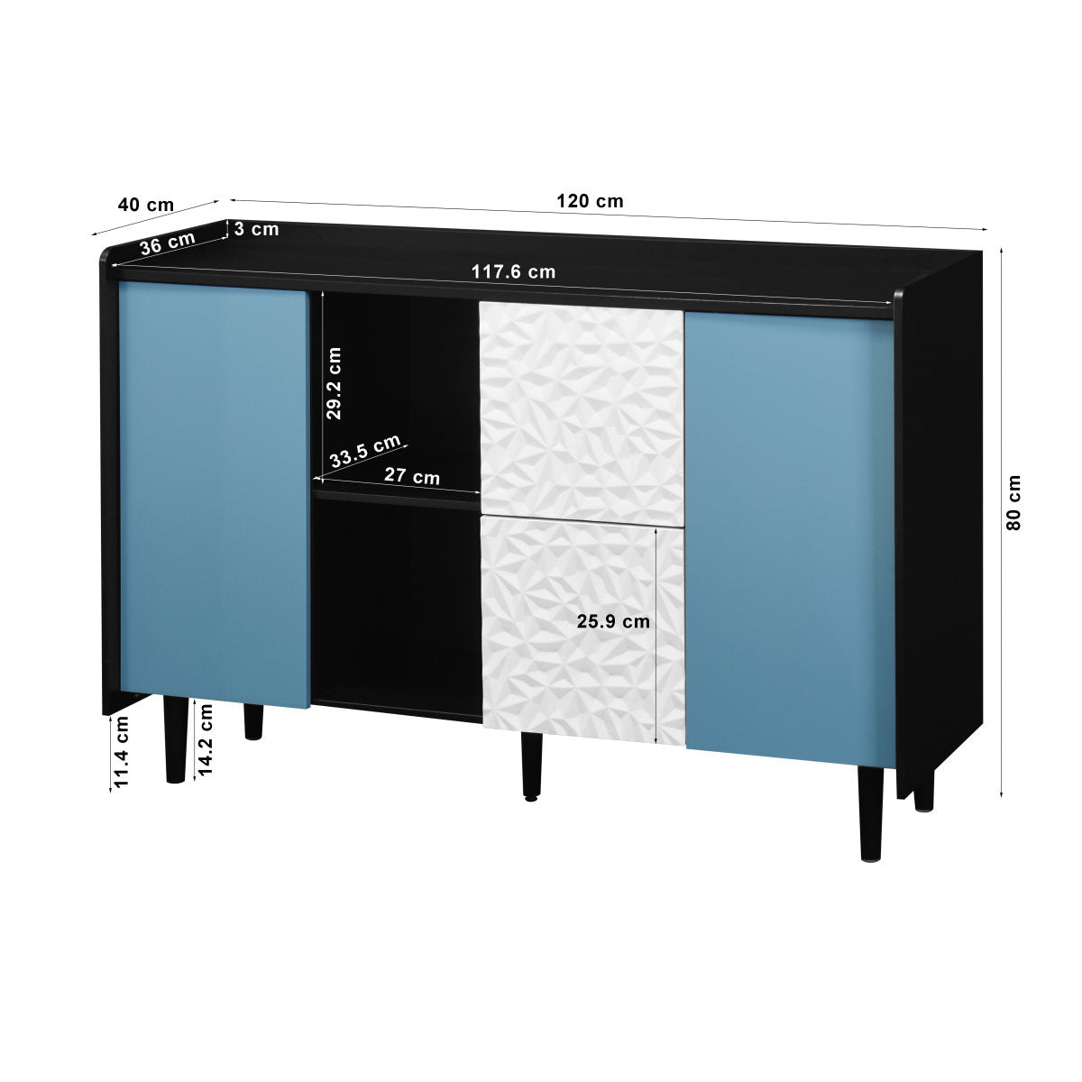 Sideboard Buffet Cabinet, Black Storage Cabinet With Blue Doors, 2 Drawers With Unique Panel Styling And 2 Open Storage Compartments, Modern Coffee Bar Cabinet, Accent Cabinet For Kitchen