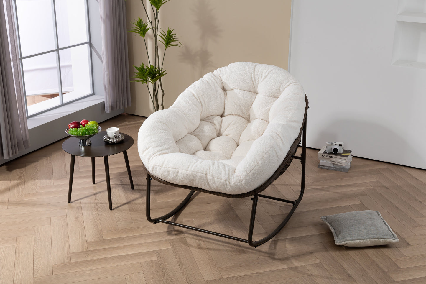 Outdoor Rattan Rocking Chair,Padded Cushion Rocker Recliner Chair Outdoor For Front Porch, Living Room, Patio, Garden, White