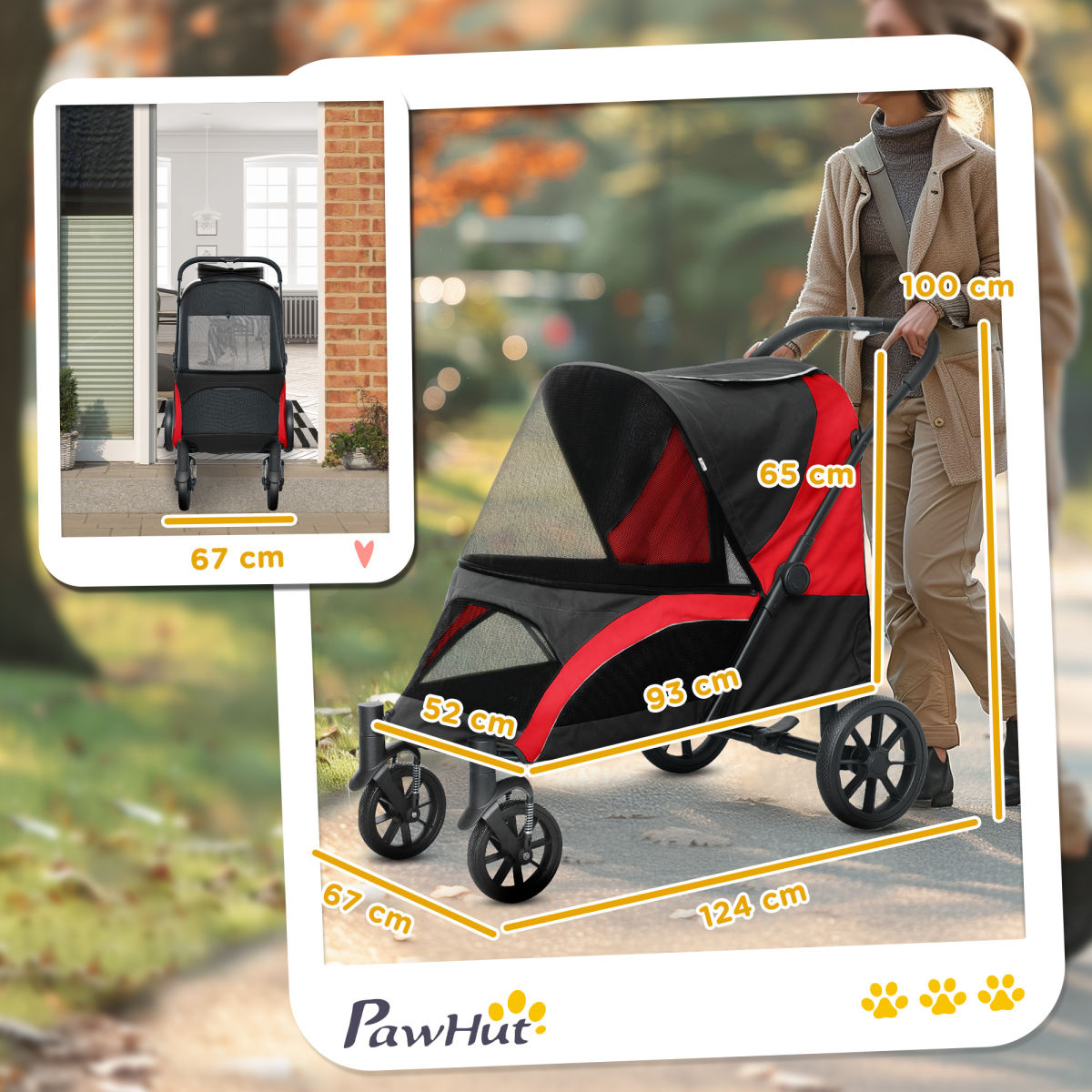 PawHut Foldable Pet Stroller For Large Dogs With Four Big Wheels, Shock-Absorbing Frame, Safety Leashes, Brakes, RedBlack