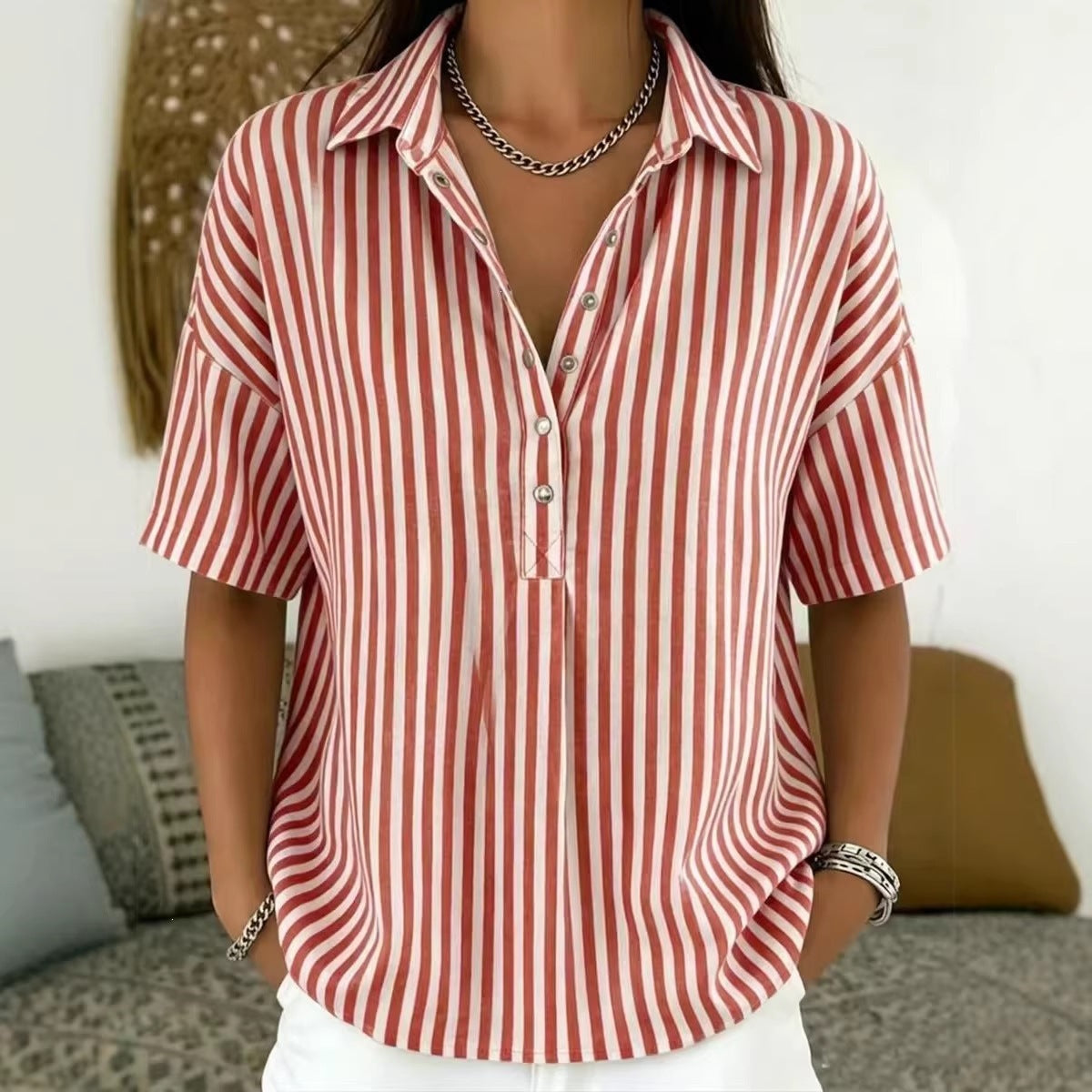 Womens Fashion Casual Striped Short-sleeve Shirt