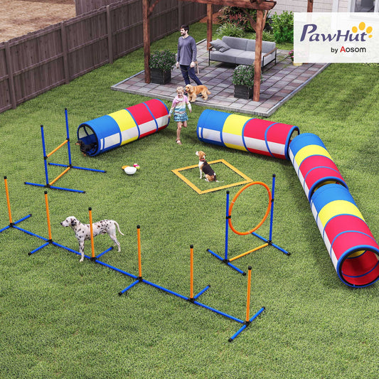 Dog Agility Training Equipment, 12-Piece Dog Obstacle Course with Adjustable Hurdle & Ring, 4 Tunnels, Weave Poles