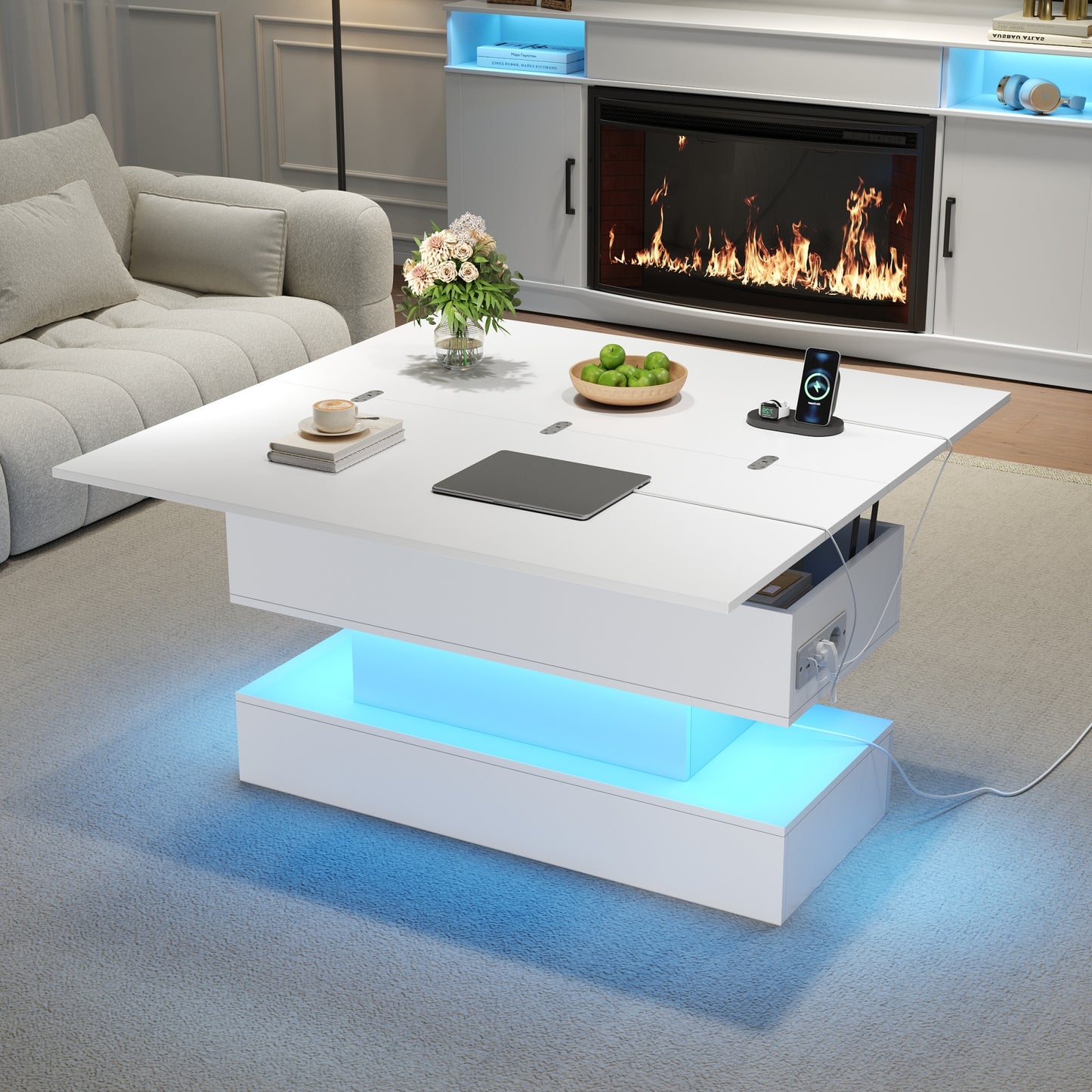 100x50x51.5cm Coffee Table With Power Outlet, USB-C & USB Charging Port, Multifunctional Living Room Table With LED, Liftable Coffee Table, Height-adjustable Sofa Table, Side Table And Dining Table Wi