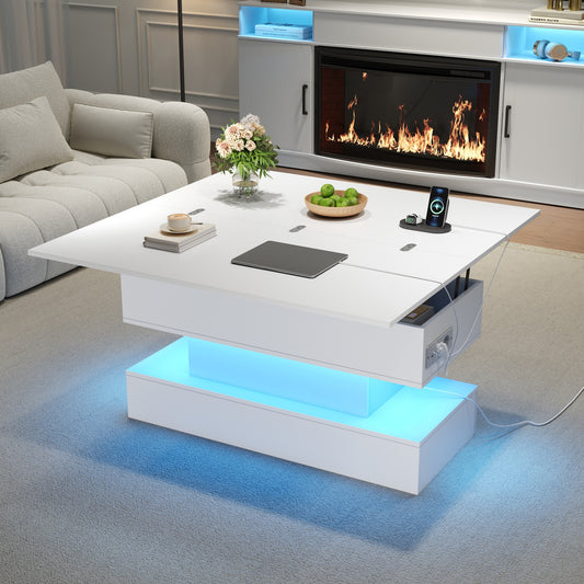 100x50x51.5cm Coffee Table With Power Outlet, USB-C & USB Charging Port, Multifunctional Living Room Table With LED, Liftable Coffee Table, Height-adjustable Sofa Table, Side Table And Dining Table Wi