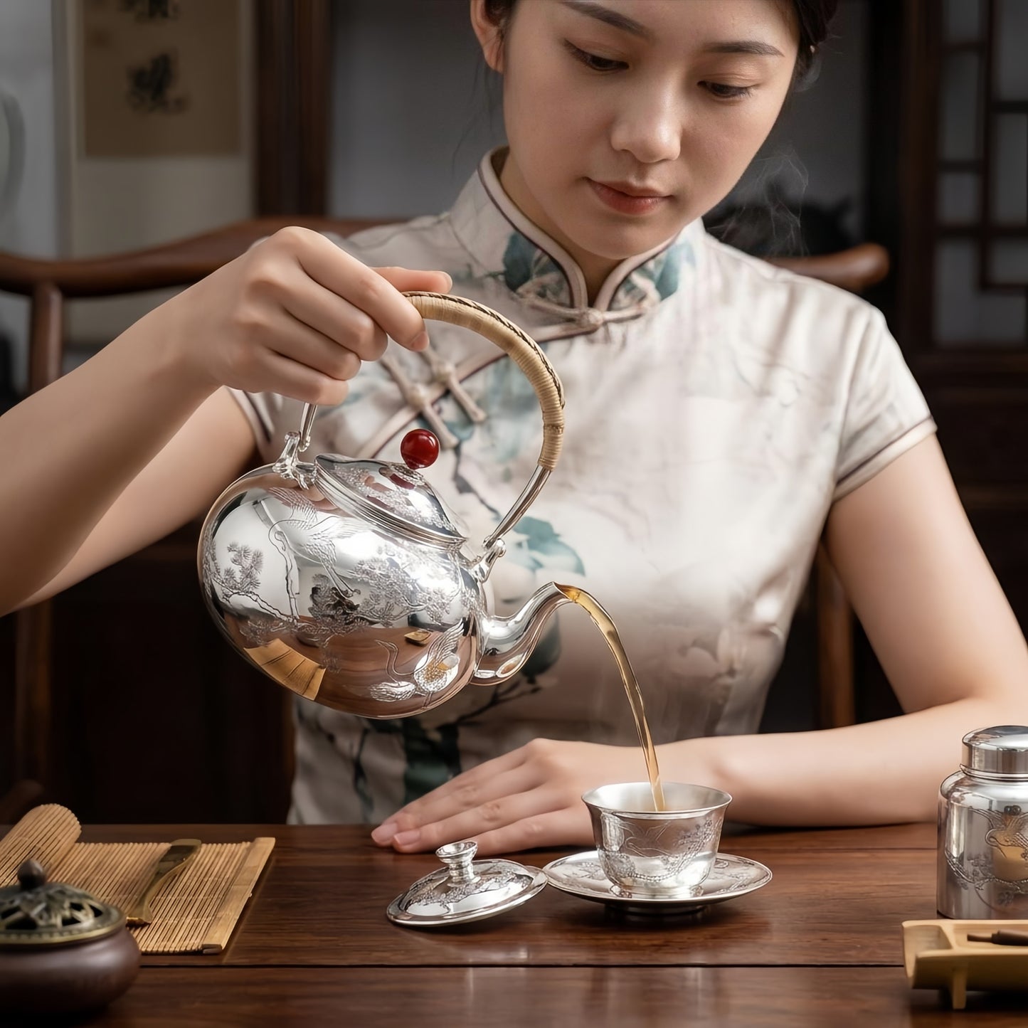 925 Sterling Silver Elegant Silver Tea Kettle Featuring Crane Engravings and Woven Bamboo Handle - Handicraft