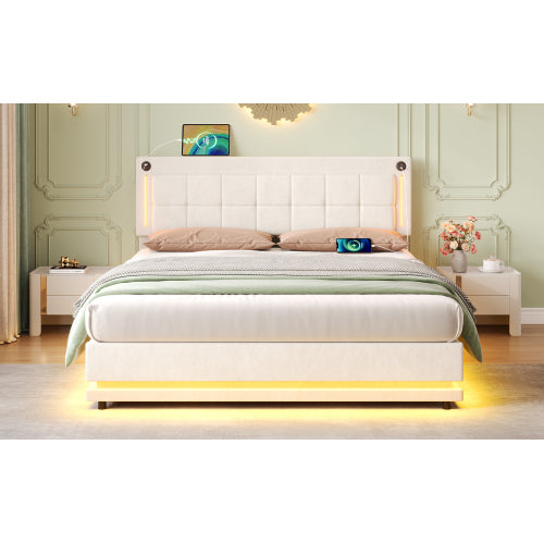 4ft6 Double LED Hydraulic Bed With Charging Station, Adjustable Square Tufted Headboard With Intelligent Control Light, Soft Velvet Bed Frame With USB And Type - C Ports, Beige