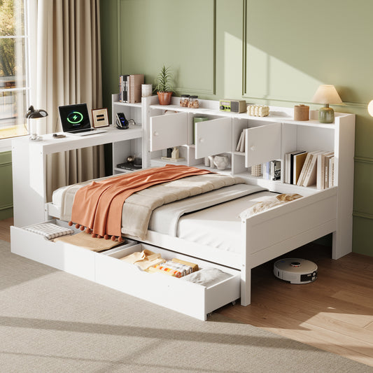 3ft Single Daybed With Storage Drawers And Bookcase, Modern Bed Frame With Charging Station And Integrated Desk, Wood Bed For Living Room Bedroom Study Room, Two Assembly Methods, White No Mattress