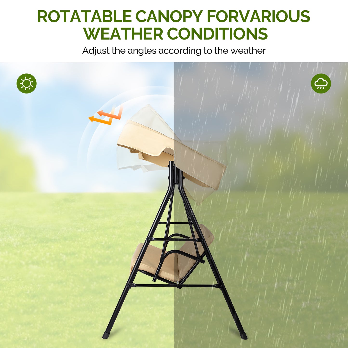 Outdoor Patio Swing Chair Set With Canopy, 3-Person Iron Frame Swing With Soft Cushions, 550lbs Capacity, Oxford Fabric, Khaki, Easy Assembly