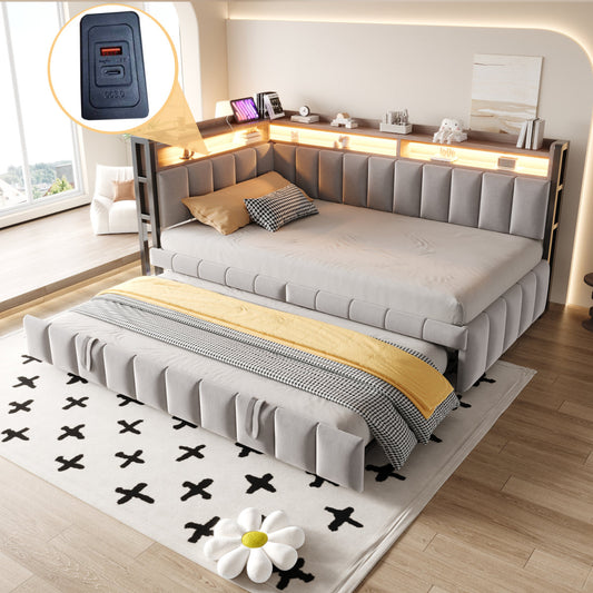 Upholstered Bed Sofa Bed 90x200cm With Pull-out Bed, LED Lighting And Storage Compartments At The Head And Foot Ends, Equipped With USB And Type-C Ports. Single Sofa Bed, Velvet Fabric Light Grey