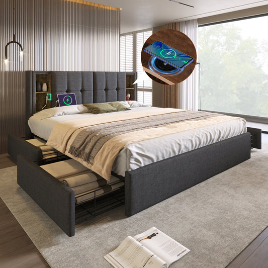 Double Bed With Wireless Charging USB C& 4 Drawers, Upholstered Bed Bed Frame 160x200cm, Slatted Base Made Of Wood-grey Linen  Without Mattress