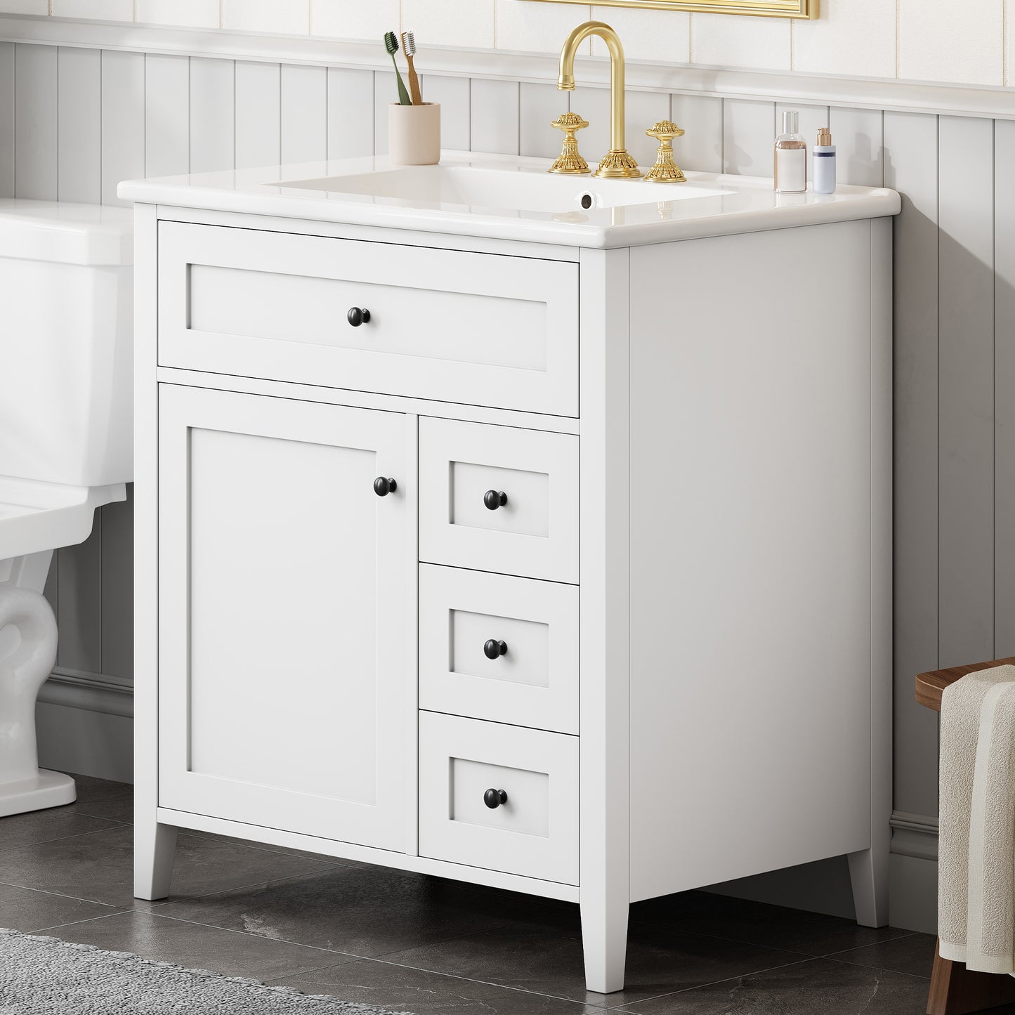 30-Inch White Bathroom Vanity With Sink, Modern MDF And Rubberwood Cabinet With 3 Drawers And Adjustable Shelf, Freestanding Vanity For Bathroom Storage And Organization Left Door