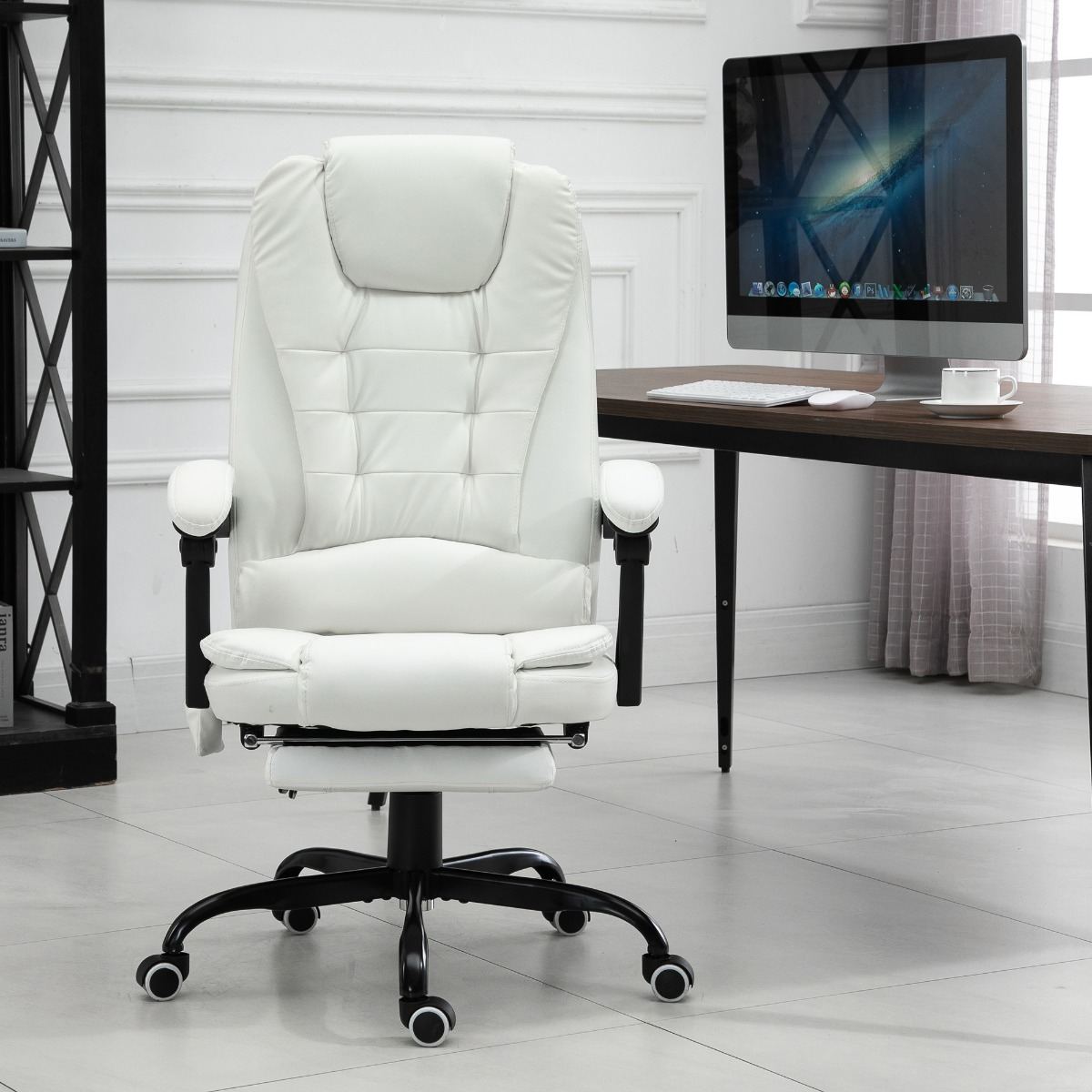 7-Point Vibrating Massage Office Chair High Back Executive Recliner With Lumbar Support, Footrest, Reclining Back, Adjustable Height, White