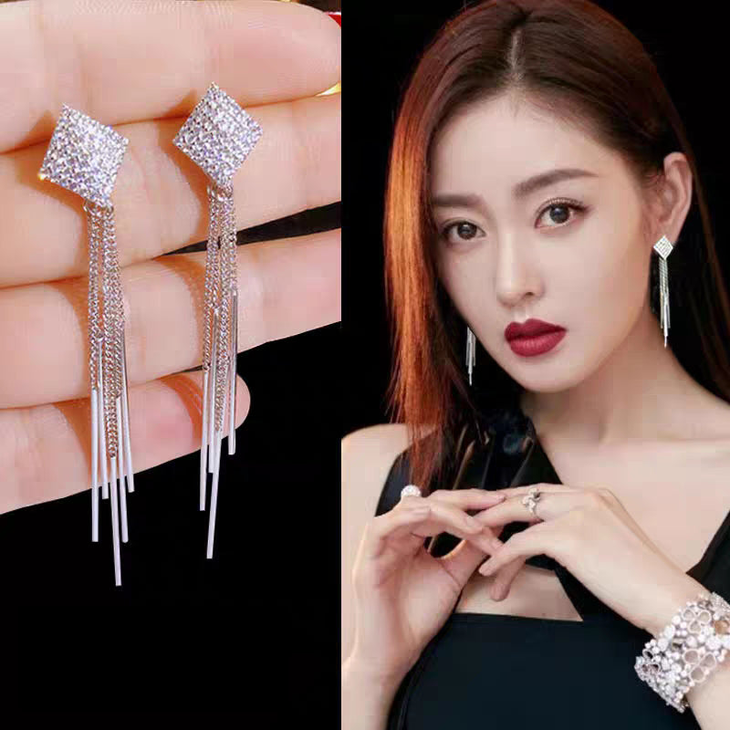 1 Pair 999 Sterling Silver Full Diamond Square Long Tassel Drop Earrings, Sparkly & Elegant, Perfect For Daily, Dating & Parties, Ideal Valentine's Gift