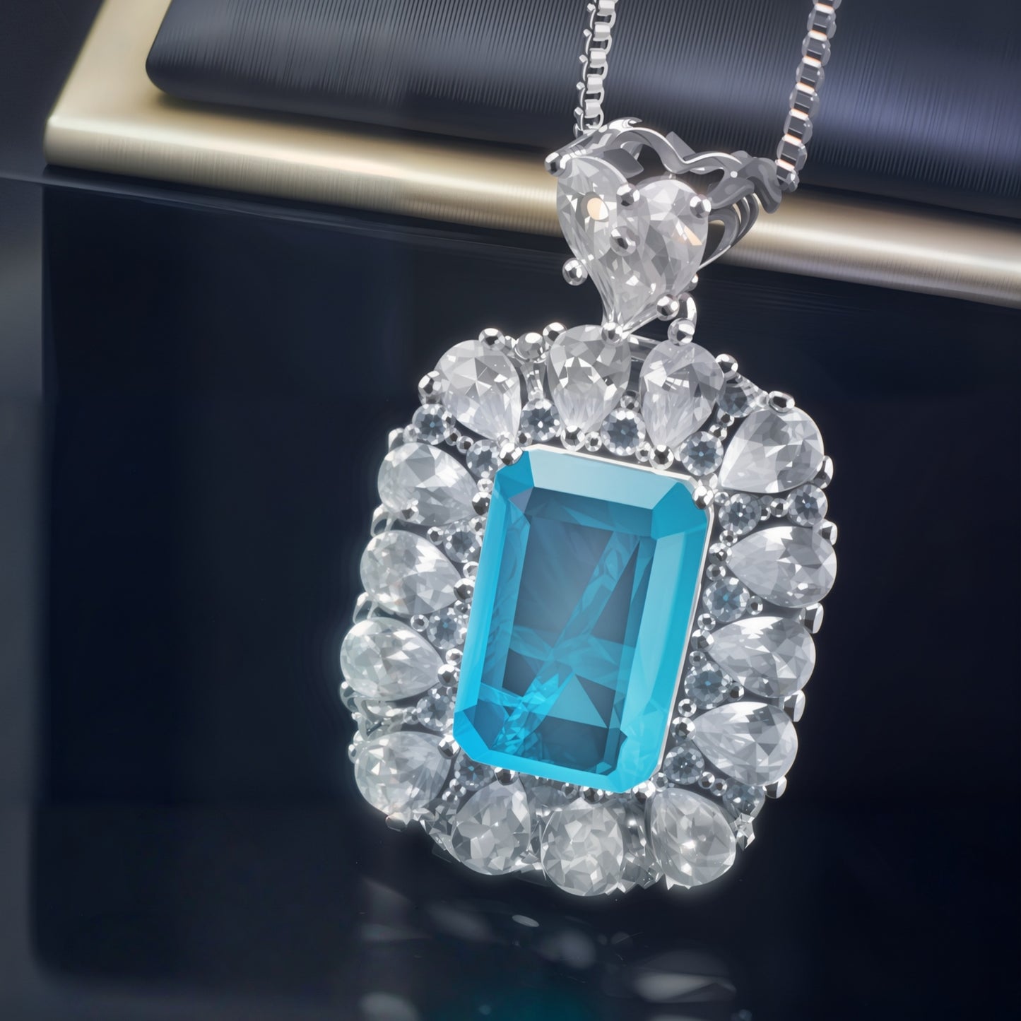 Cushion Cut Blue Cubic Zirconia Halo Pendant Necklace For Women, Copper Plated Silver Heart Bail White Pear Shape CZ Halo Statement Wedding Jewelry Gift