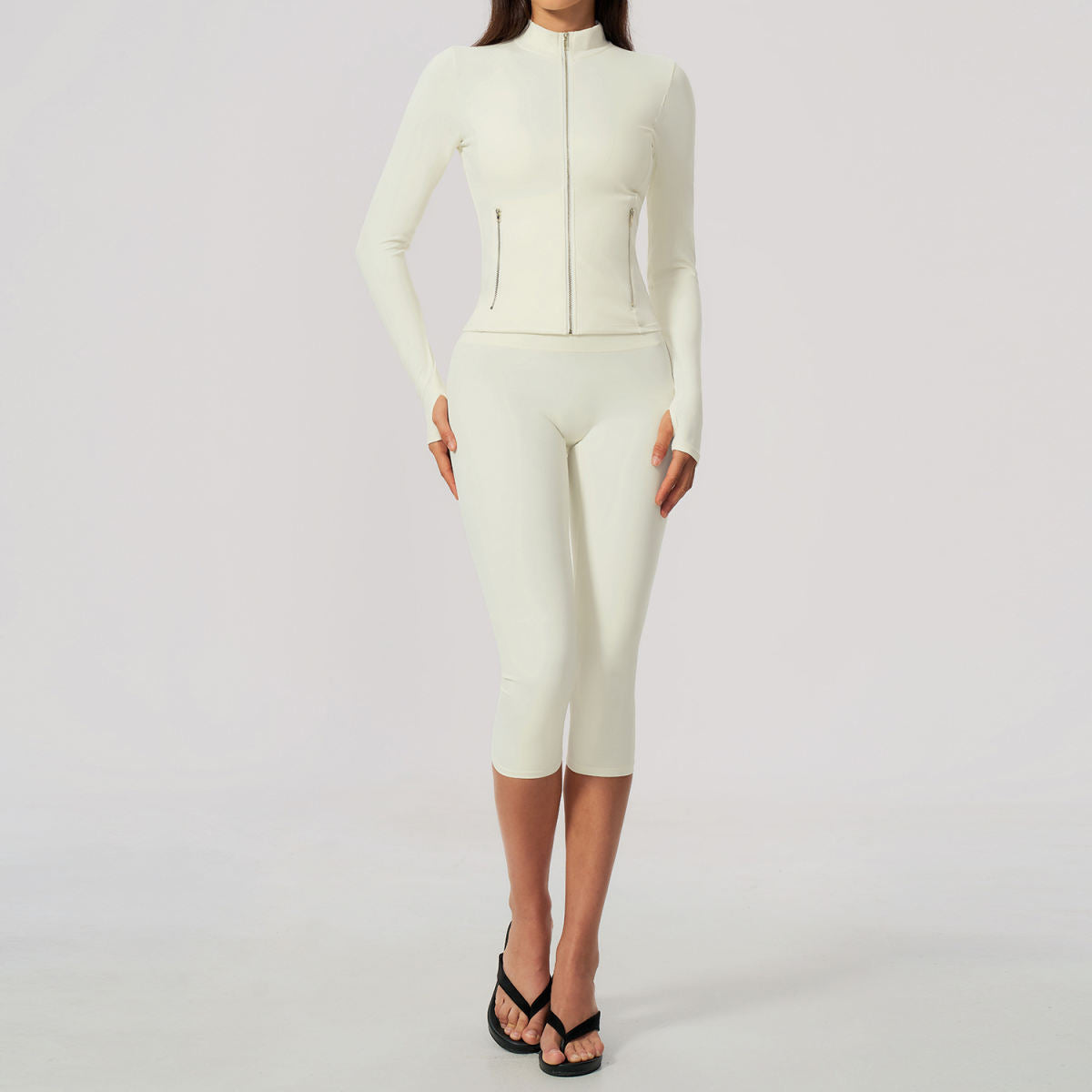 Stand-collar Coat Tummy-control High-waist Butt-lifting Yoga Outfit Set For Women