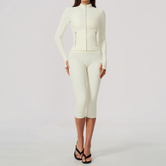 Stand-collar Coat Tummy-control High-waist Butt-lifting Yoga Outfit Set For Women
