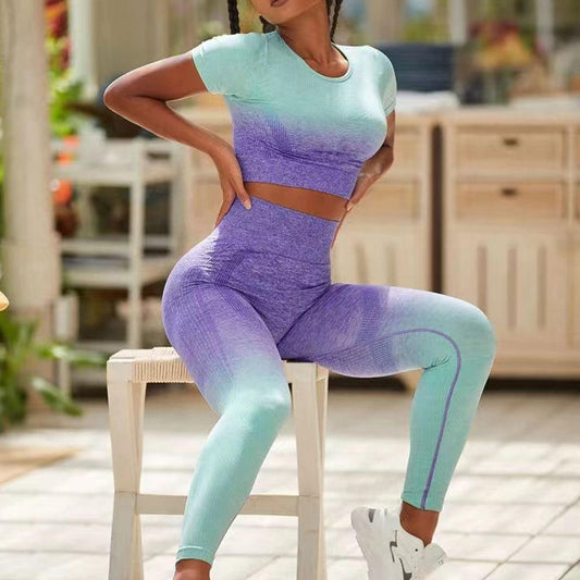 Gradient Seamless Yoga Shorts Women's Sports Gather Bra