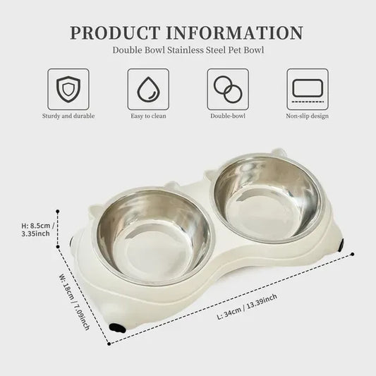 Anti Slip Base Double Cat Food Bowl, White Stainless Steel Food And Water Bowl, Easy To Clean And Detachable Design, Cat And Dog Pet Feeder