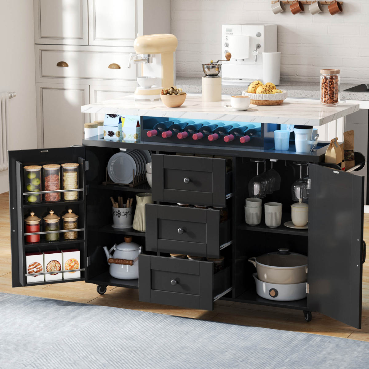 Mobile Kitchen Island With Folding Worktop, Kitchen Trolley, 5 Wheels, Door Shelf, Wine Rack And Glass Holder, 120x42x93cm