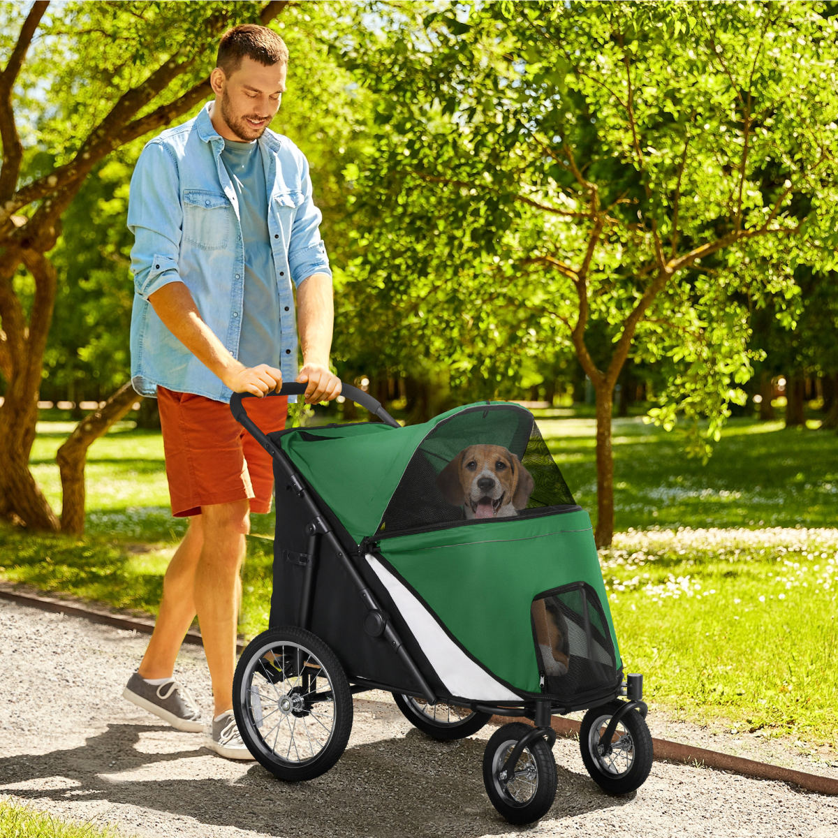 PawHut Foldable Pet Stroller, With Washable Cushion, Storage Bags, Safety Leash, For Medium, Large Dogs, Cats - Green
