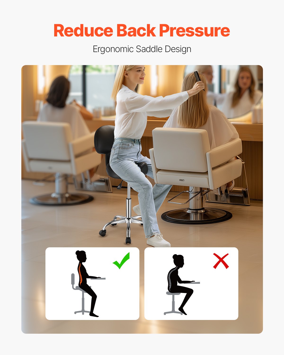 Saddle Stool With Back Support And Wheels, 450 LBS Weight Capacity Ergonomic Rolling Stool, Height Adjustable Thickened PU Leather Swivel Saddle Chair For Salon, Spa, Massage, Tattoo, Black