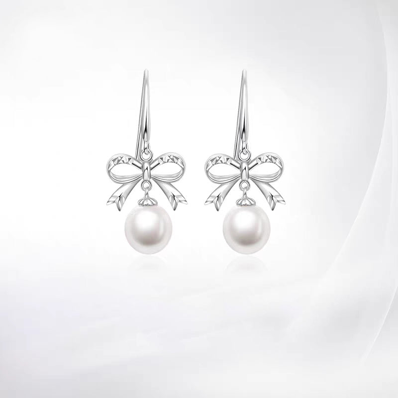 1 Pair 999 Sterling Silver Cut Bowknot & Pearl Hook Earrings, Sweet & Elegant, Perfect For Daily, Dating & Business, Ideal Valentine's Gift
