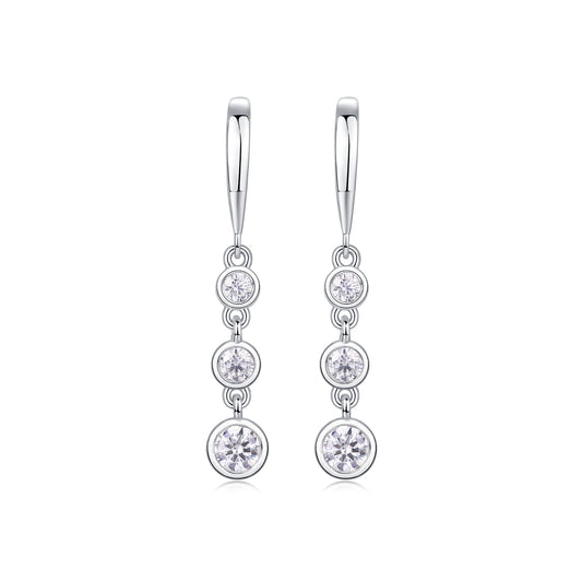 S925 Sterling Silver Three-Stone Drop Earrings, D-VVS1 Moissanite Bezel-Set Dangle, Platinum Plated 1.8g Women's Jewelry Gift Box