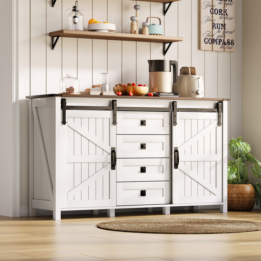 Sideboard With Storage, 137 Cm Wide Side Cabinet With Sliding Doors And 4 Drawers, Vintage Coffee Bar Sideboard, Suitable For Kitchen, Dining Room And Living Room, White.