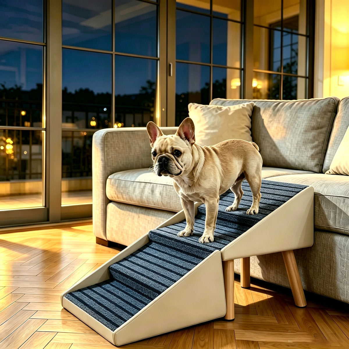 2-in-1 Dog Stairs for Bed and Couch 18.89" Foldable Dog Ramp for Couch 4 Pet Steps  & Ottoman for Small Dogs, Beige
