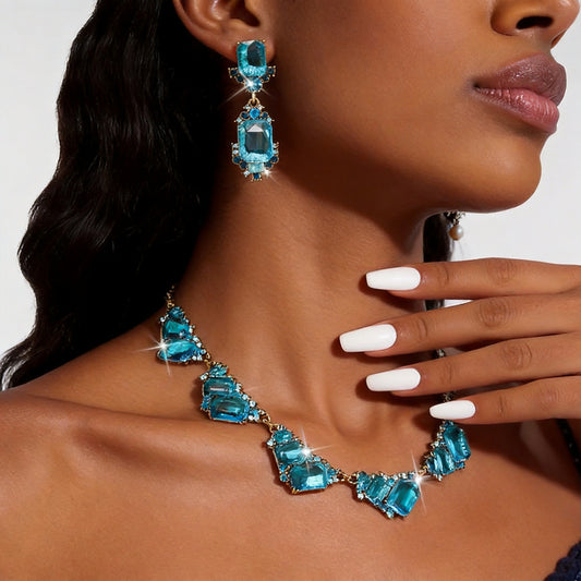 New European & American Style Colored CZ Necklace And Earring Jewelry Set, Light Luxury Niche Design Elegant Accessories, Formal Dress Jewelry For Women