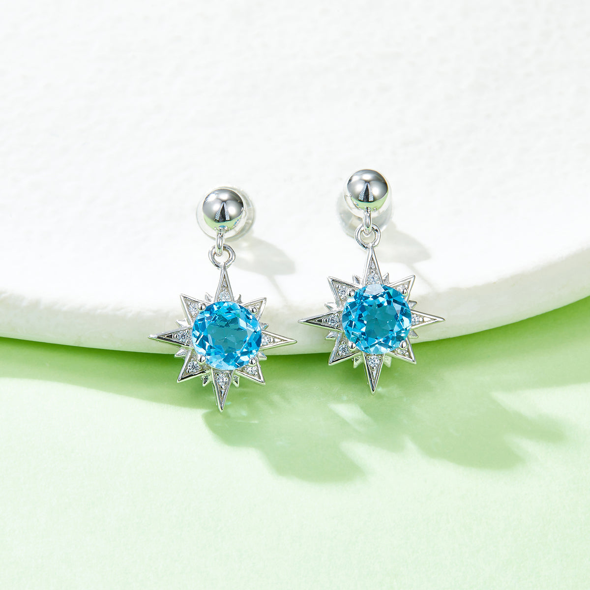 S925 Sterling Silver Star Dangle Earrings, 6mm Natural Blue Crystal, Platinum Plated Drop Earrings For Women, 3.2g, Jewelry Gift Box Set