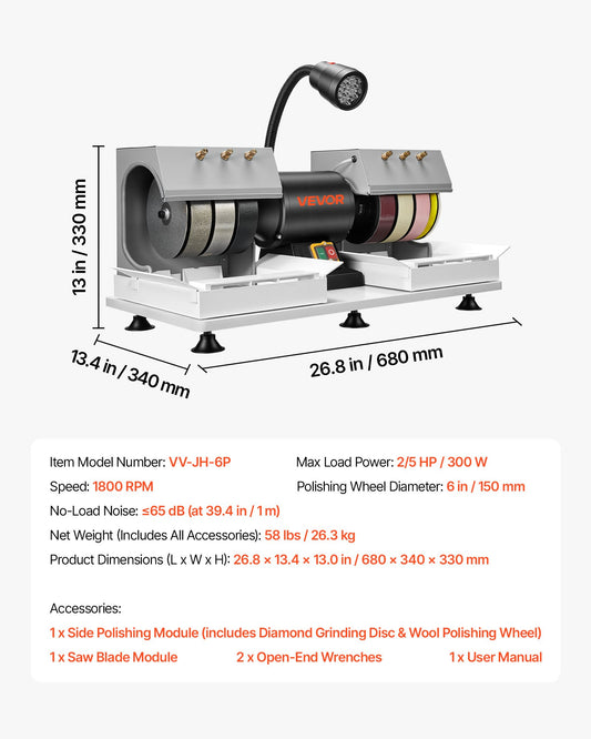 Cabbing Machine, 6" 2/5 HP 1800 RPM Efficient, Lapidary Rock Grinder Polisher With Diamond And Resin Wheels, LED Lamp, Water System, Lapidary Equipment For Gemstone Grinding, Stone Polishing