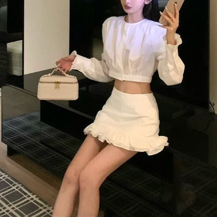 Korean New Fashion Set White Short Long Sleeve Shirt Women