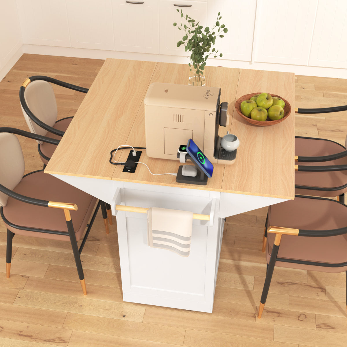 K&K 55.7  Large Kitchen Island With 2 Drop Leaf,, Rolling Kitchen Cart On 5 Wheels With Power Outlet, Folding Storage Dining Table With Spice & Towel Rack , 3 Drawers, For Kitchen, Dining Room,White