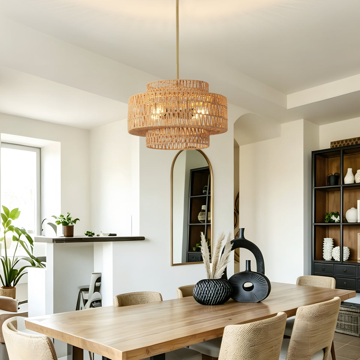 17.7" Boho Rattan Chandelier for Dining Room Light Fixture, 4-Light Hand Woven Wicker Pendant Light Fixture, Farmhouse Rustic Hanging Chandelier for Dining Room, Kitchen Island, Living, Bedroom