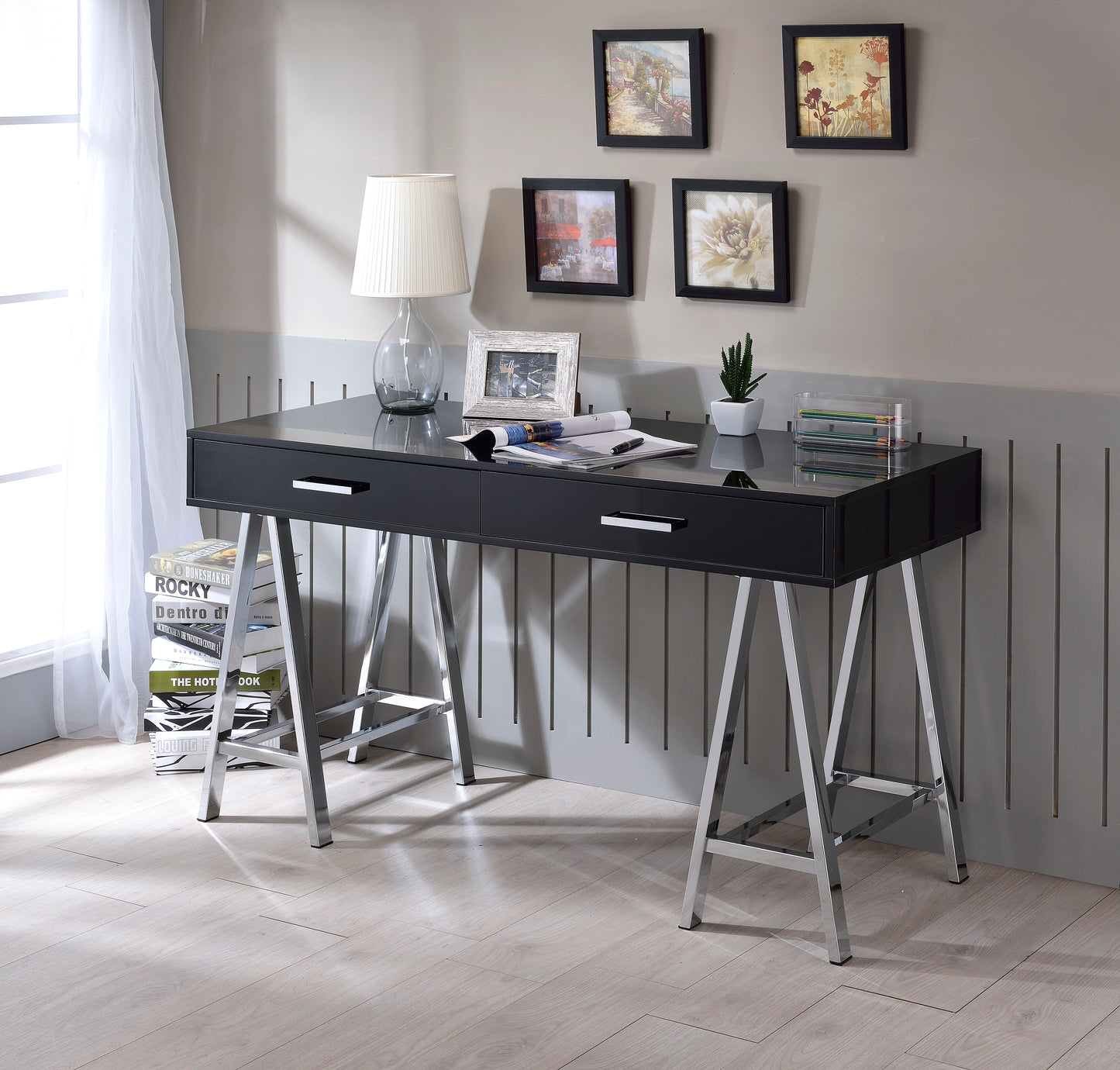 Coleen Black High Gloss & Chrome Finish Writing Desk W USB