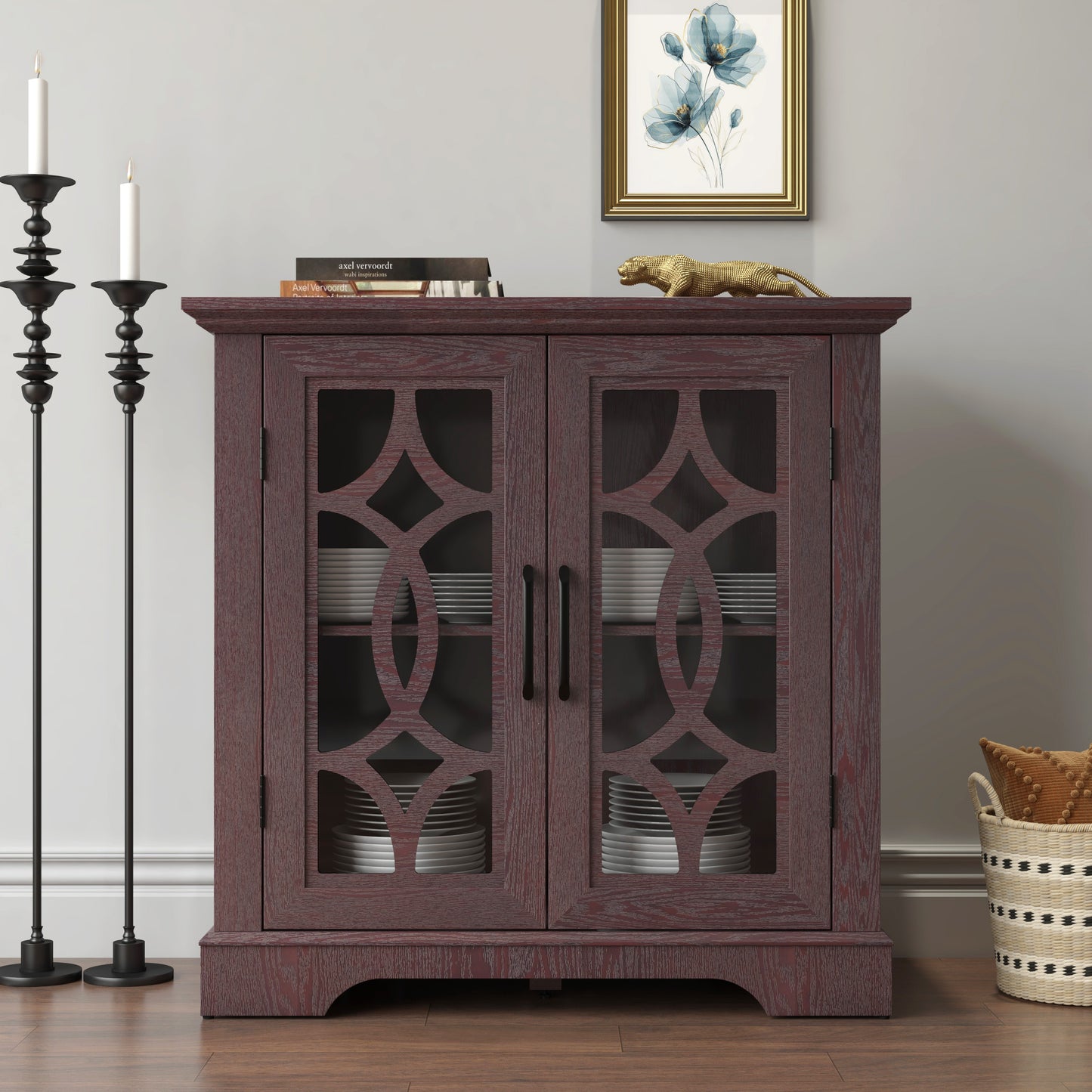 34.37 X 15.55 X 34.06in Spacious Size Sideboard 2 Clear Tempered Glass Doors Buffet With Adjustable Shelf, MDF With Dark RED Decorative Laminates Storage Cabinet For Dinning Room, Kitchen,living Room