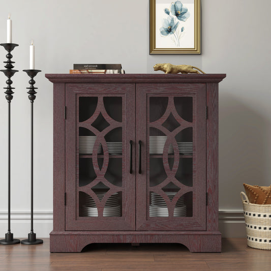 34.37 X 15.55 X 34.06in Spacious Size Sideboard 2 Clear Tempered Glass Doors Buffet With Adjustable Shelf, MDF With Dark RED Decorative Laminates Storage Cabinet For Dinning Room, Kitchen,living Room