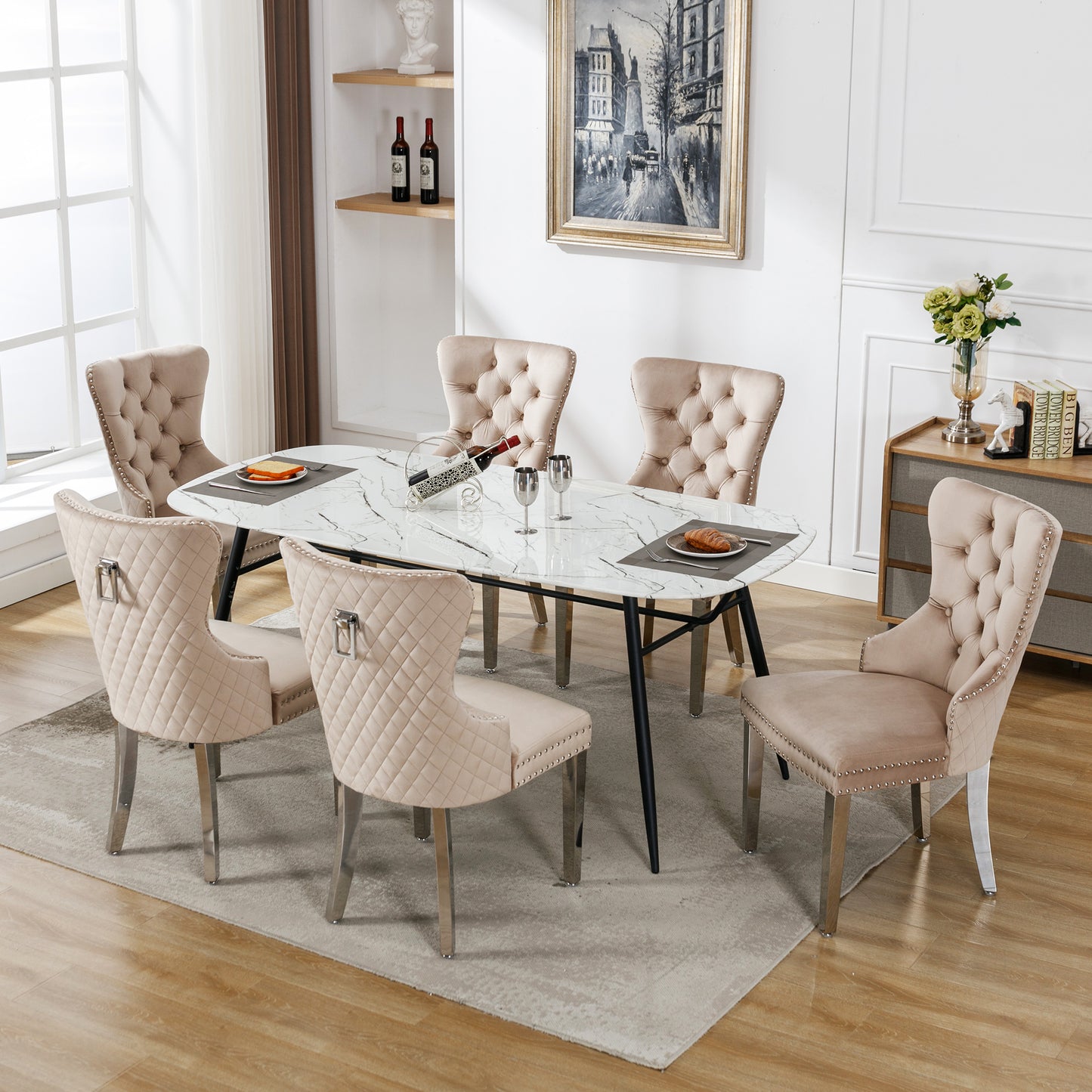 Dining Chair  Kitchen Chair Living Room Chair With Unique Doorknob On The Back, 6 Pcs , Upholstered Chair With Nail Head Set,Metal Support Legs, Velvet Cover,Beige
