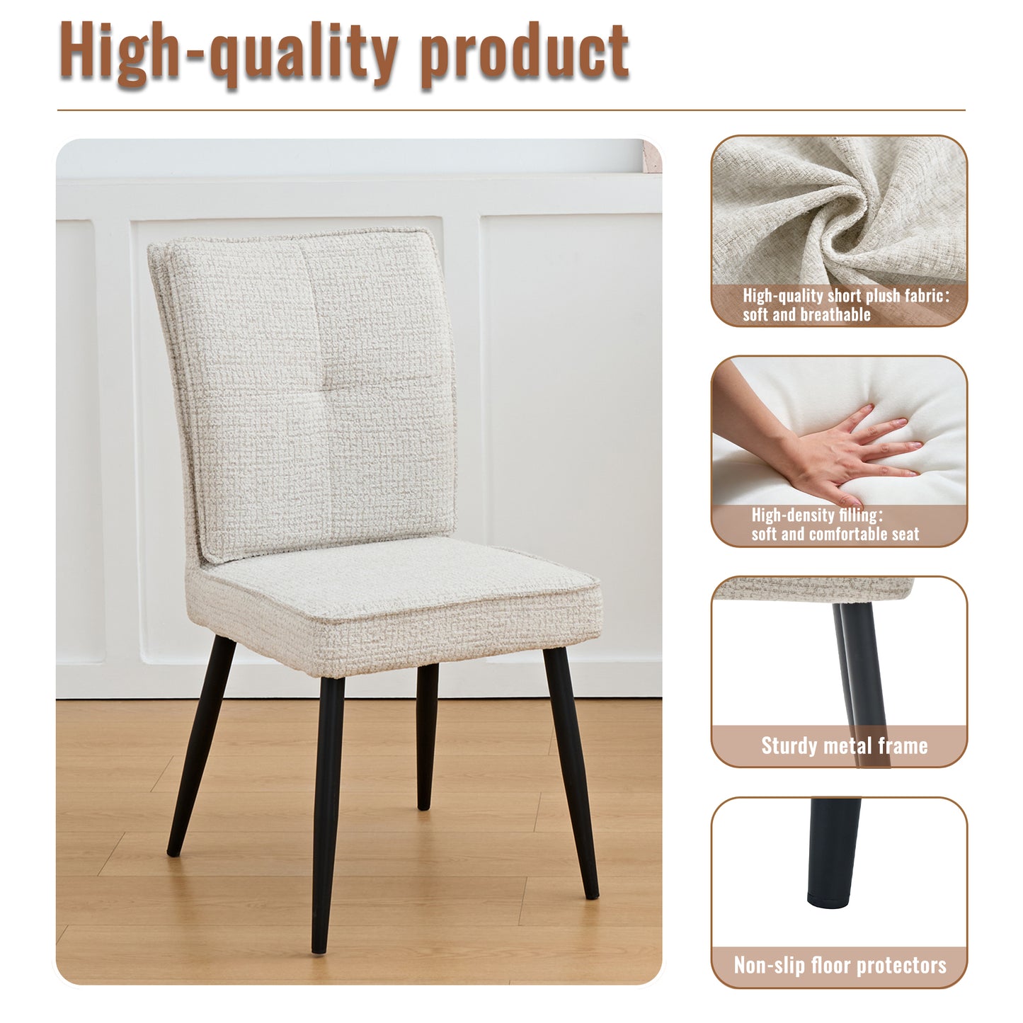 Set Of 2 Dining Chairs With Metal Legs, Upholstered Chairs With Velvety Houndstooth Cover, Kitchen Chairs For Dining Room And Living Room, Cream White