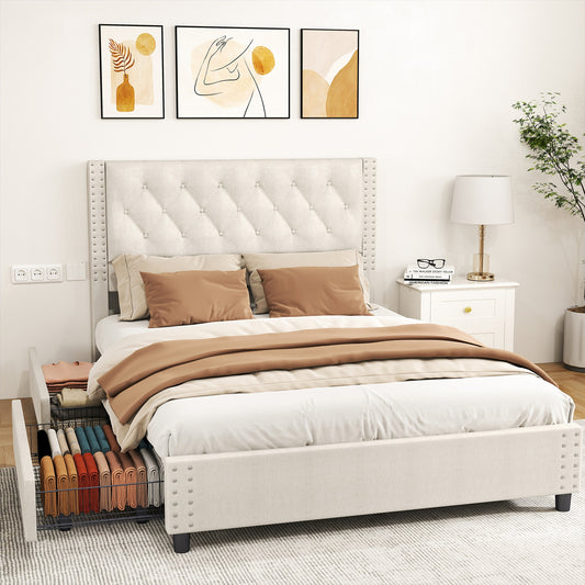 Queen Size Bed Frame With Headboard Wood Slat Support Platform Upholstered Button Tufted Bed Frame With 4 Drawers No Box Spring Needed Noiseless Easy Assembly For Home