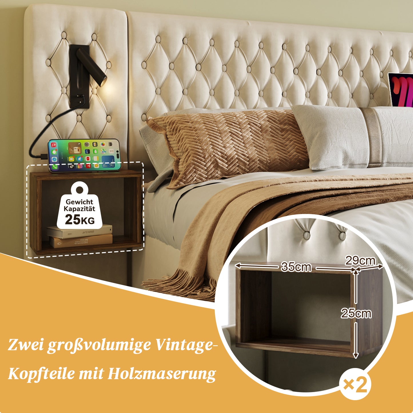 AB30260890B Bed System Bedroom Complete Set, Upholstered Bed Double Bed 160X200 Cm With 2 Bedside Tables And 4 Drawers, Headboard Reading Light With USB Charging Function, Beige, Velvet  Without Mat