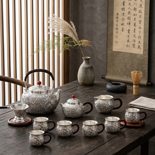 925 Sterling Silver Antique Japanese  Floral Tea Set with Complete Ensemble - Handicraft
