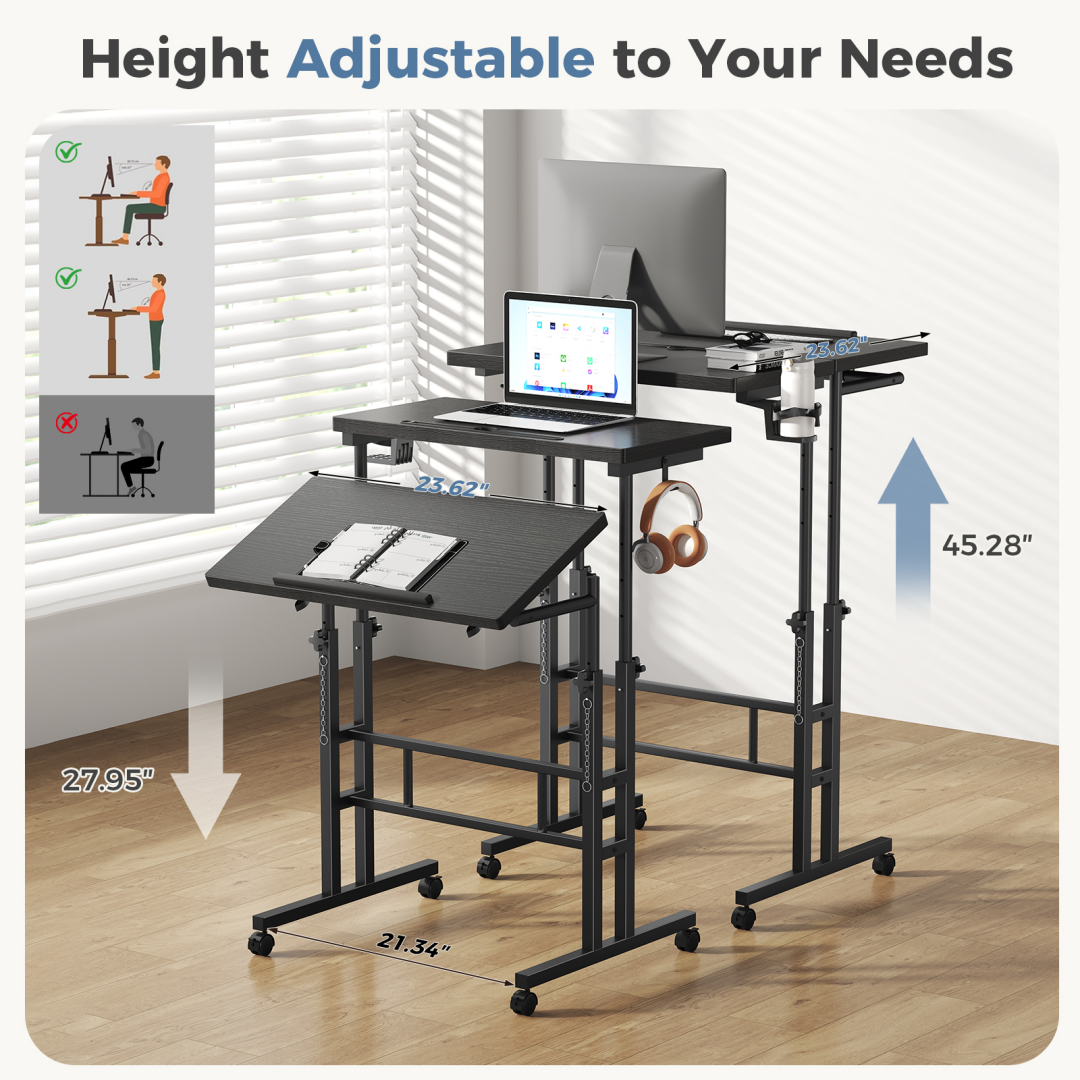Separate-top Rotating Standing Desk, Manually Adjustable-height Wheeled Mobile Worktable, Sit-stand Dual-purpose Office Desk