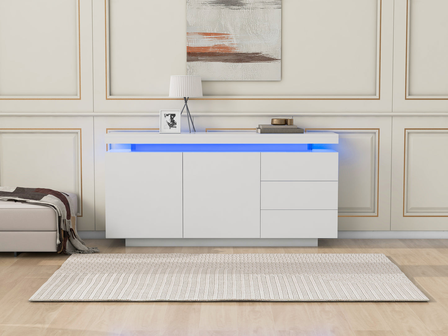 306338342WAA Modern Living Room Sideboard High-Gloss Cabinet With 2 Doors & 3 Drawers, LED Lighting, Handle-Free Design 140x35x72.5cm White