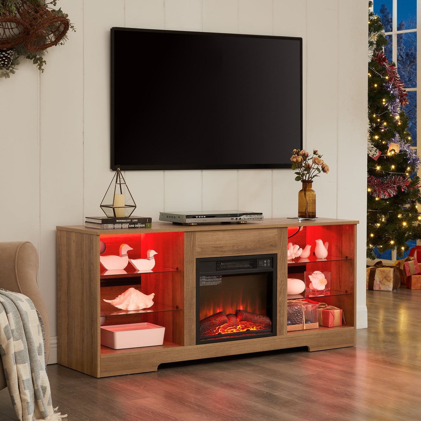 TV Stand Electric Fireplace TV Stand With Glass Shelves, 3D Fireplace TV Stand With LED Lights Wood With USB Charging Outlet Modern Television Table Center For TV Up To 32-62  OAK 58'Wx15.4''Dx24.6