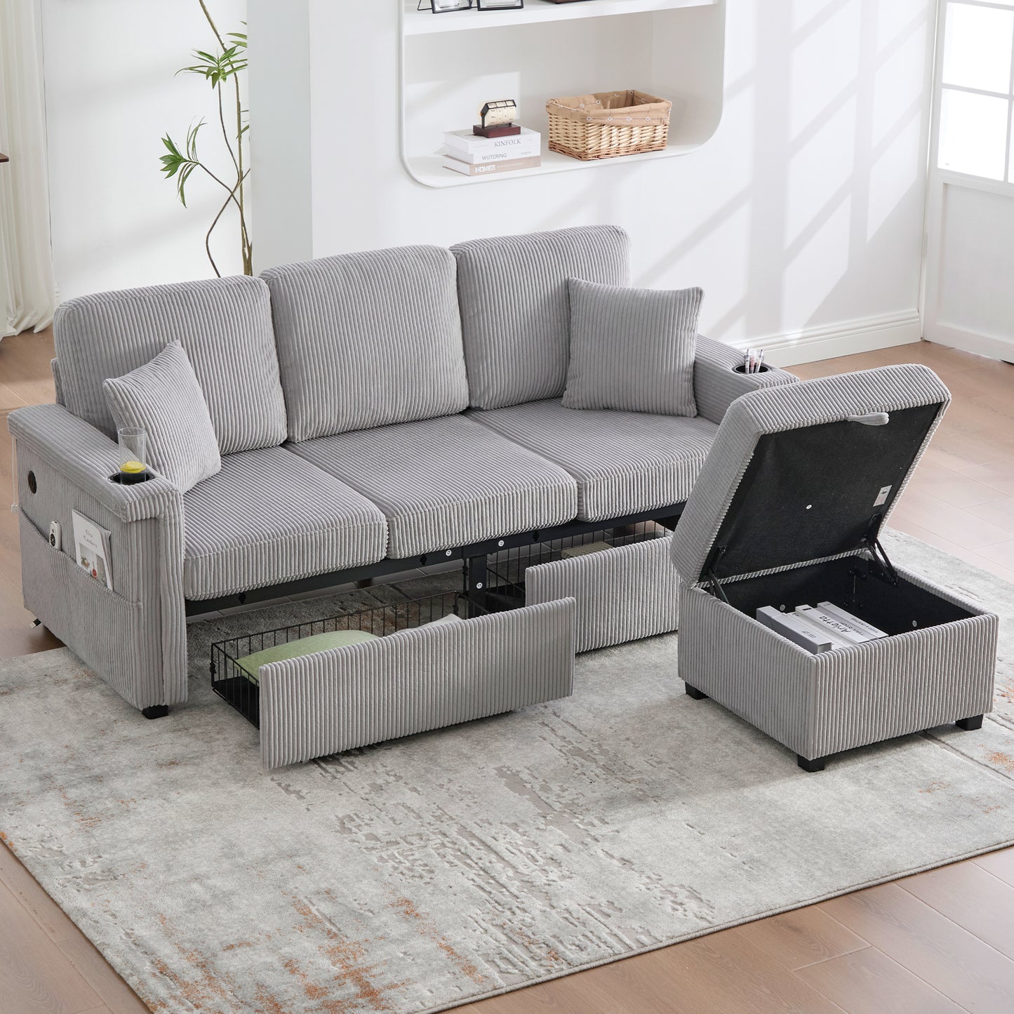 High-quality Velvet Sofa With LED Lighting & USB-C Port, Including Storage Footboard, Practical Cup Holders And Side Pockets  Premium Quality For The Living Room, Bedroom Or Office. Light Grey