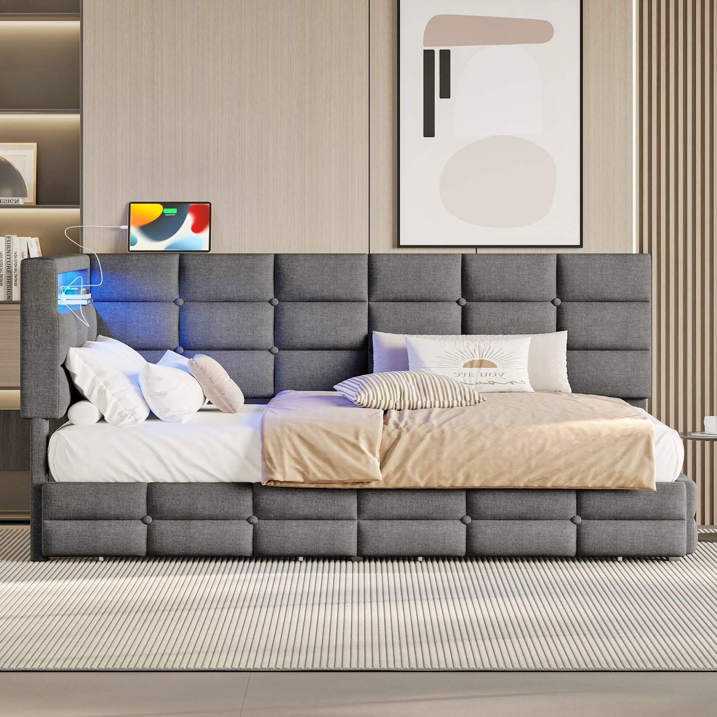 Upholstered Twin Size Daybed With Storage 2 Drawers And Charging Station, Day Bed Frame With LED Lights And Storage Headboard, No Box-Spring Needed, Gray